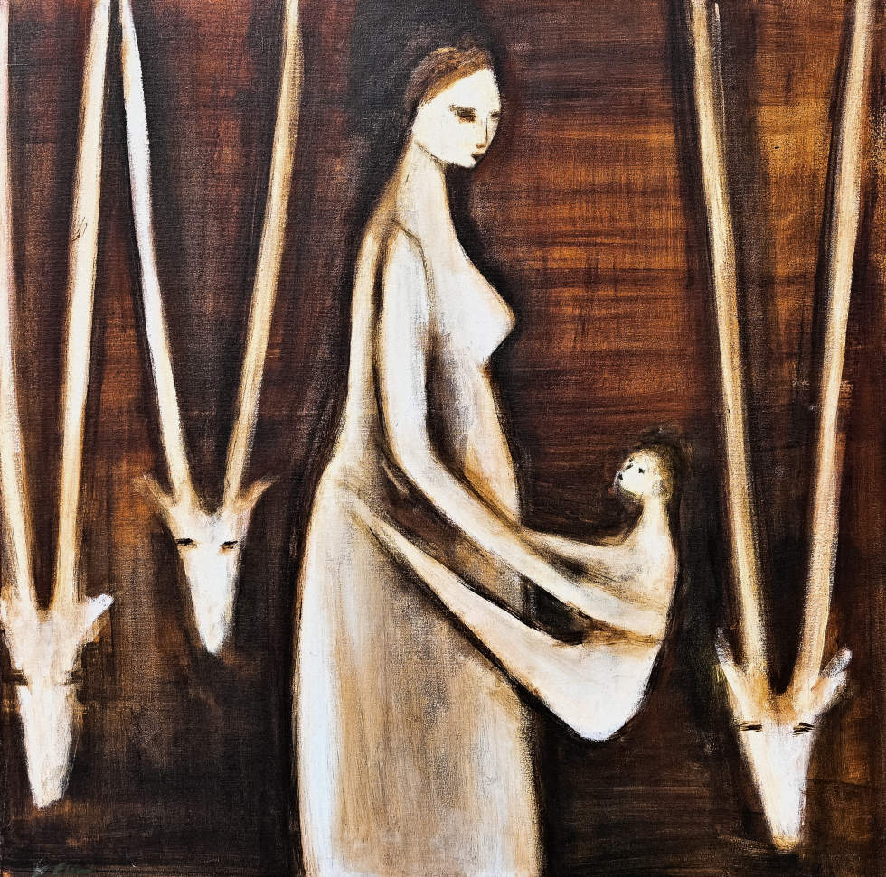 Mother and Child amidst antelopes- acrylic on canvas